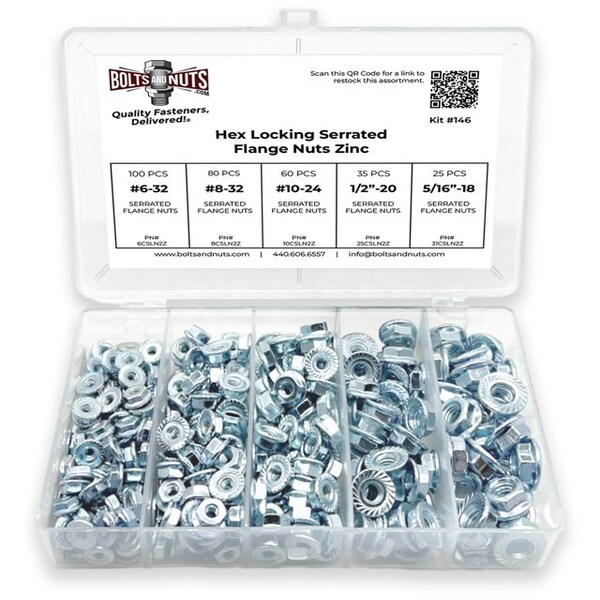 Boltsandnuts.Com #6 #8 #10 1/4in 5/16in Coarse Case Hardened Serrated Hex Flange Nut Assortment - 301 PCS Assortment Kit #146 - main